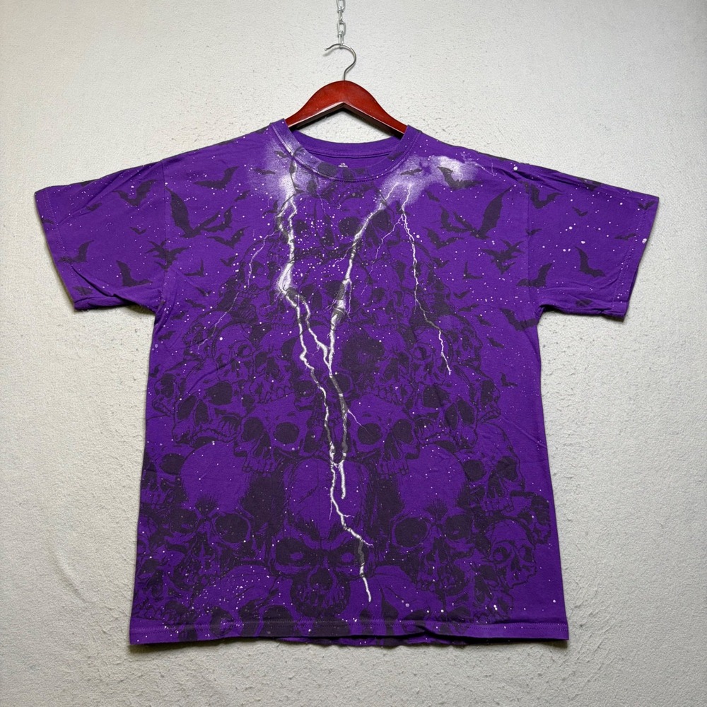 George T-Shirt Mens L Purple Skull Lightning Bat Graphic Tee Y2K All Over Print